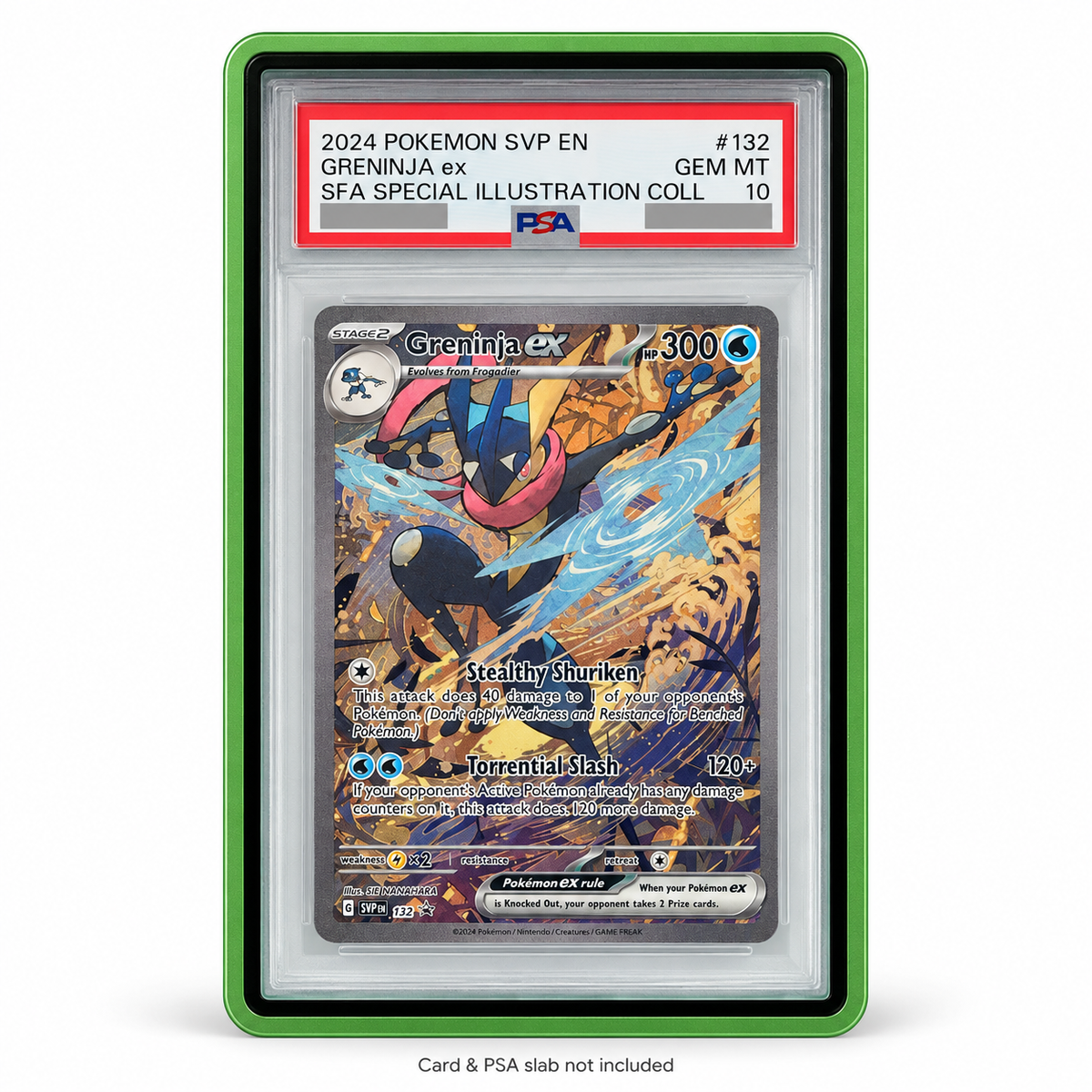 Green PSA slab protector displaying Greninja ex 132; certification and barcode obscured, card and slab not included