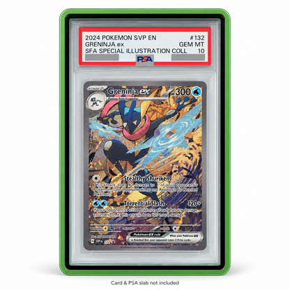 Green PSA slab protector displaying Greninja ex 132; certification and barcode obscured, card and slab not included