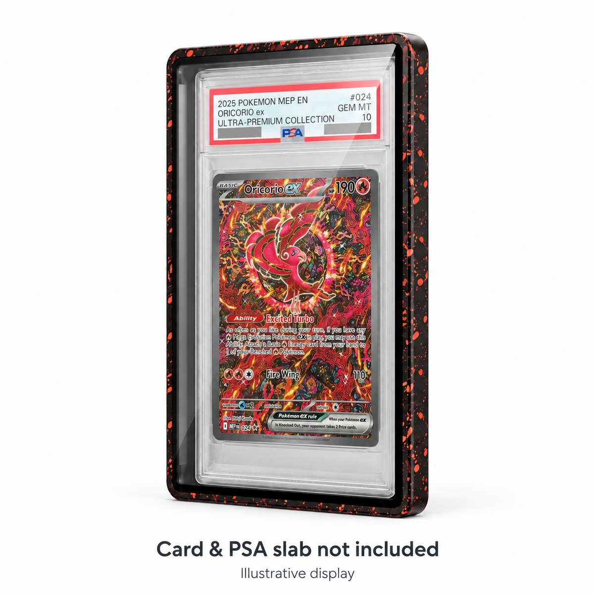 Orange splatter PSA protector with Oricorio ex display card; certification redacted, card and slab not included