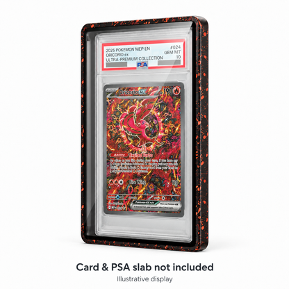 Orange splatter PSA protector with Oricorio ex display card; certification redacted, card and slab not included